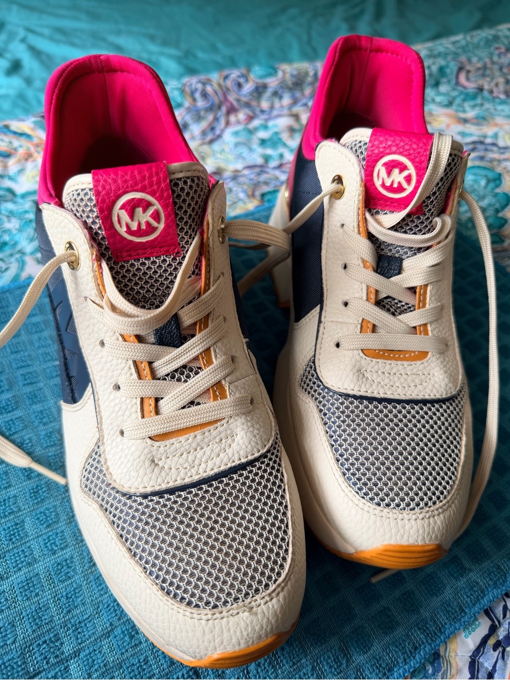Michael Kors Cream, Navy & Hot Pink Leather-Trim Sneakers